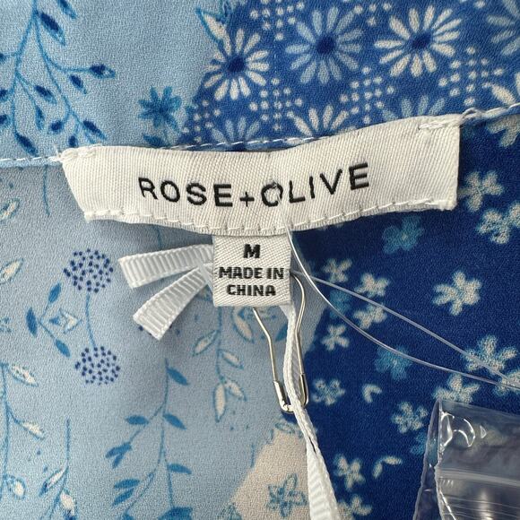 Rose + Olive Shirt Sz M Light Blue White Floral Patchwork Button Up Short Sleeve - Picture 6 of 9